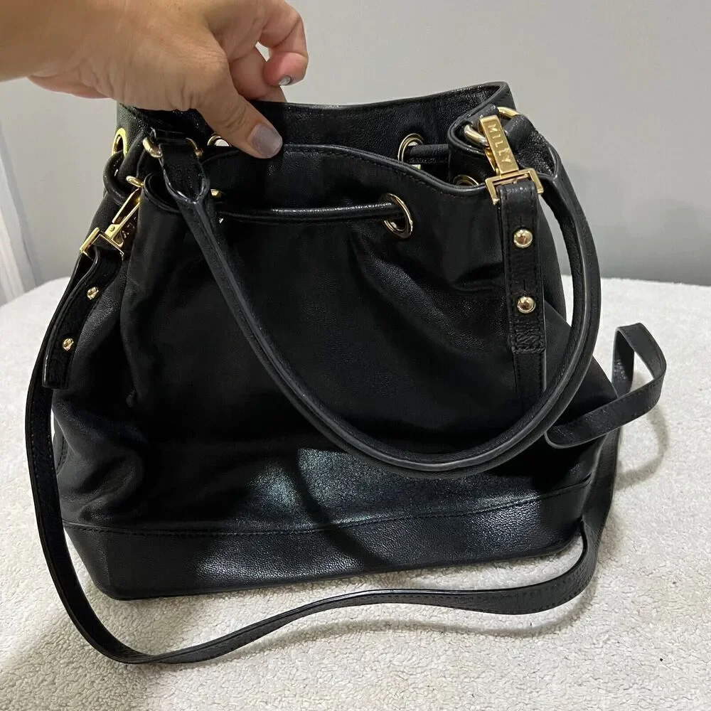 Milly Womens Black Leather Bucket Drawstring Bag Gold Crossbody Convertible